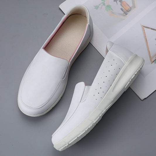 Customized Logo Genuine Leather PU Upper Comfortable Breathable White Nurse Slip On Loafers Factory OEM ODM