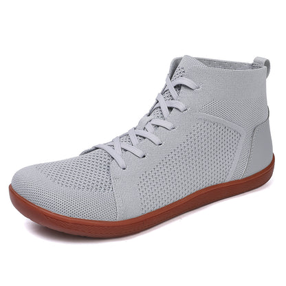 Custom Unisex High Cut Wide Toe Walking Shoes Soft Fly Knit Barefoot Shoes for Flat Feet Flexible Barefoot Sneakers