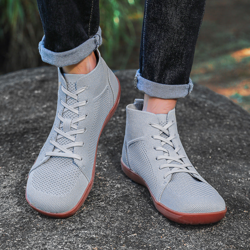 Custom Unisex High Cut Wide Toe Walking Shoes Soft Fly Knit Barefoot Shoes for Flat Feet Flexible Barefoot Sneakers