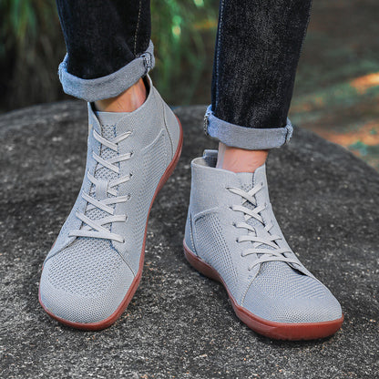 Custom Unisex High Cut Wide Toe Walking Shoes Soft Fly Knit Barefoot Shoes for Flat Feet Flexible Barefoot Sneakers