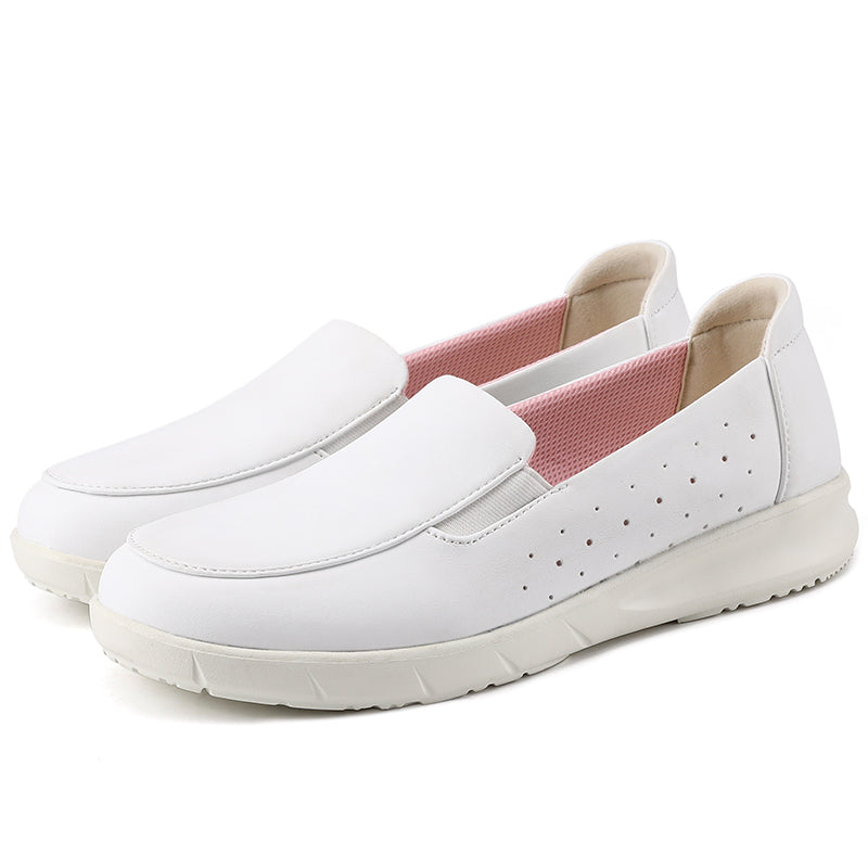 Customized Logo Genuine Leather PU Upper Comfortable Breathable White Nurse Slip On Loafers Factory OEM ODM