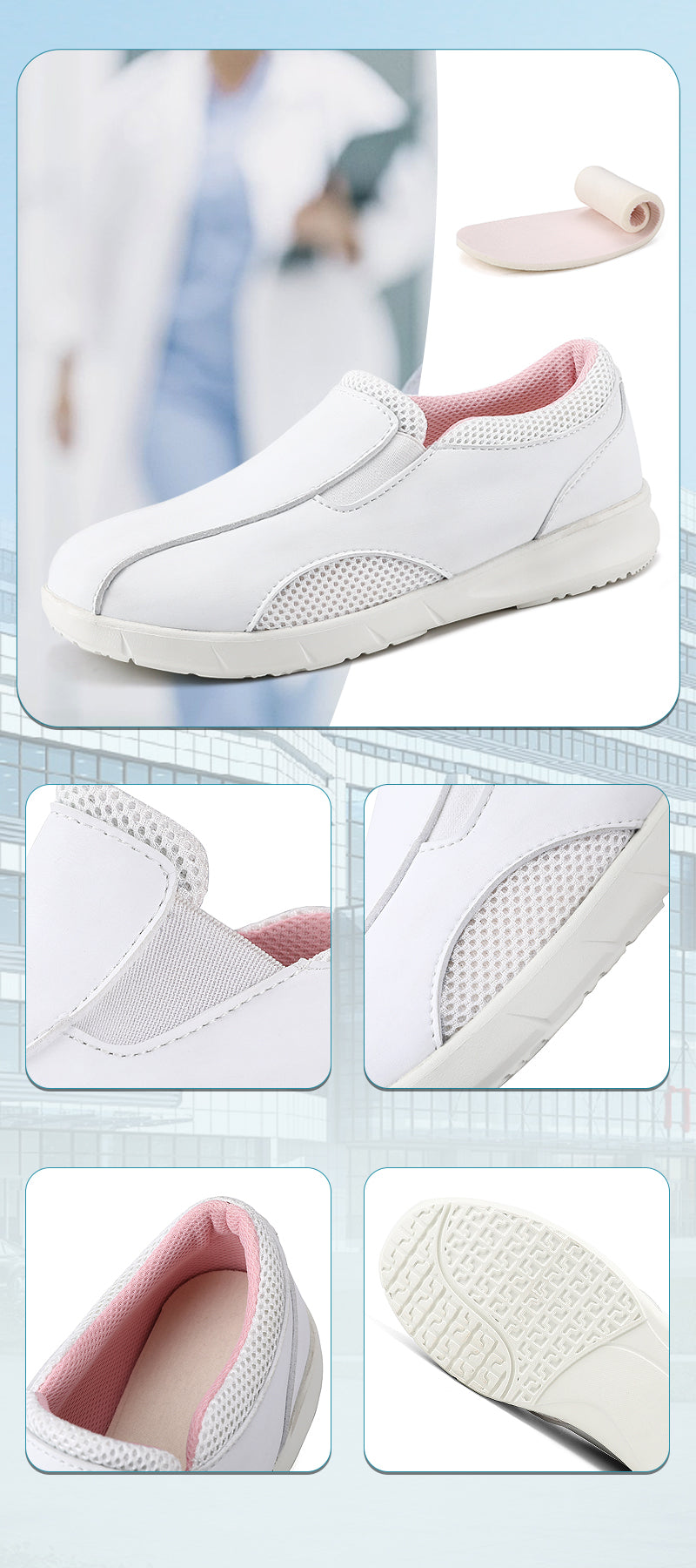 Customized logo non-slip comfortable breathable fashionable durable leather PU upper thickened hospital nurse shoes High heel